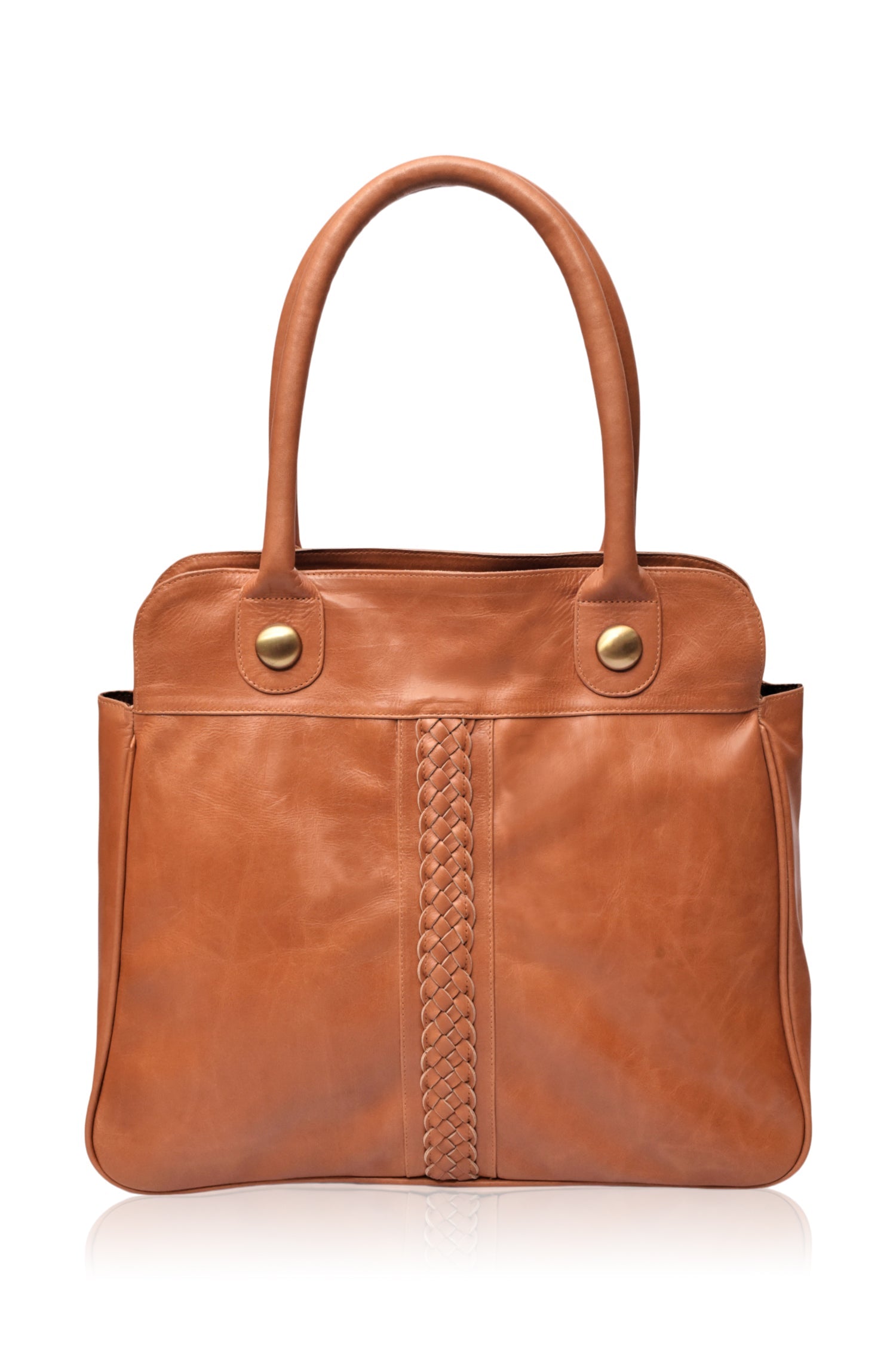 Large tan leather tote bag with braided detail on the front on a white background