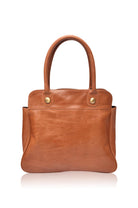 Tan leather handbag with gold buttons on a white background, back view