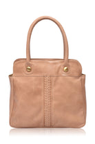 Large beige leather tote bag with braided detail on the front on a white background, front view