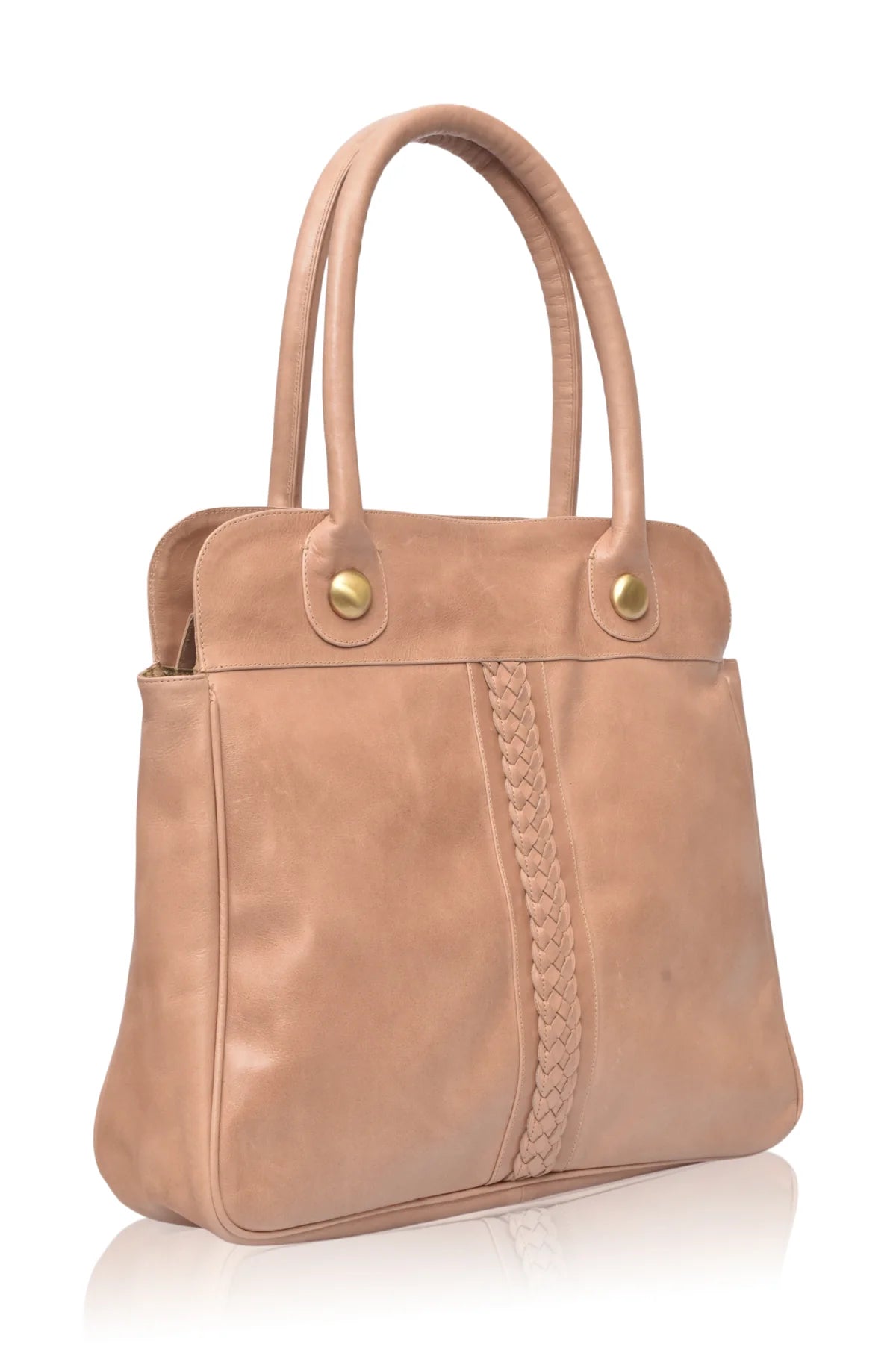 Large beige leather handbag with braided detail on a white background