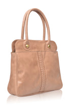 Large beige leather handbag with braided detail on a white background