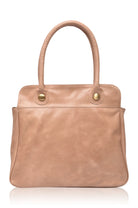 A structured beige leather handbag with double top handles and gold-tone metal snap buttons, shown against a plain white background