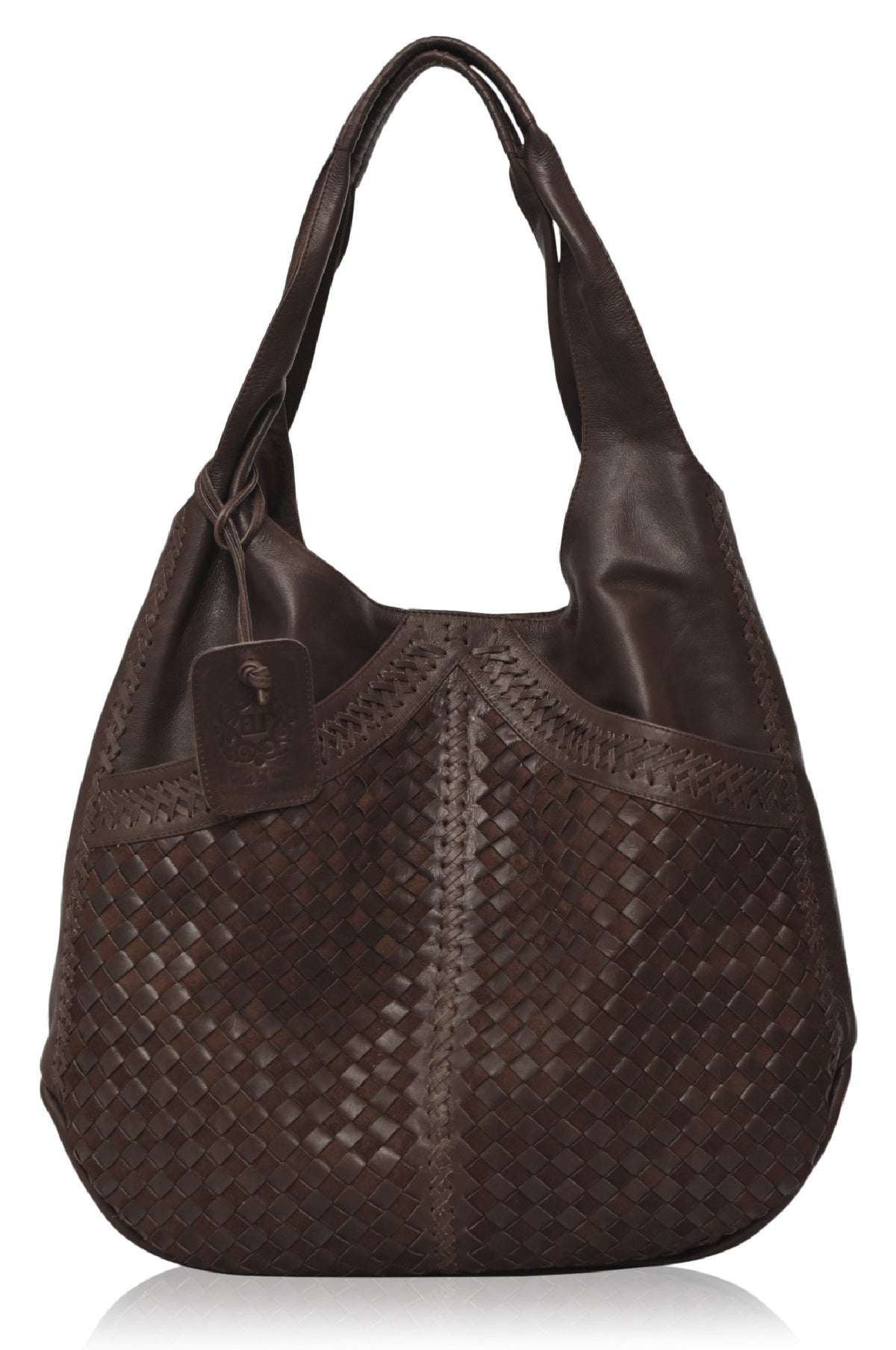 Brown leather handbag with woven pattern on a white background