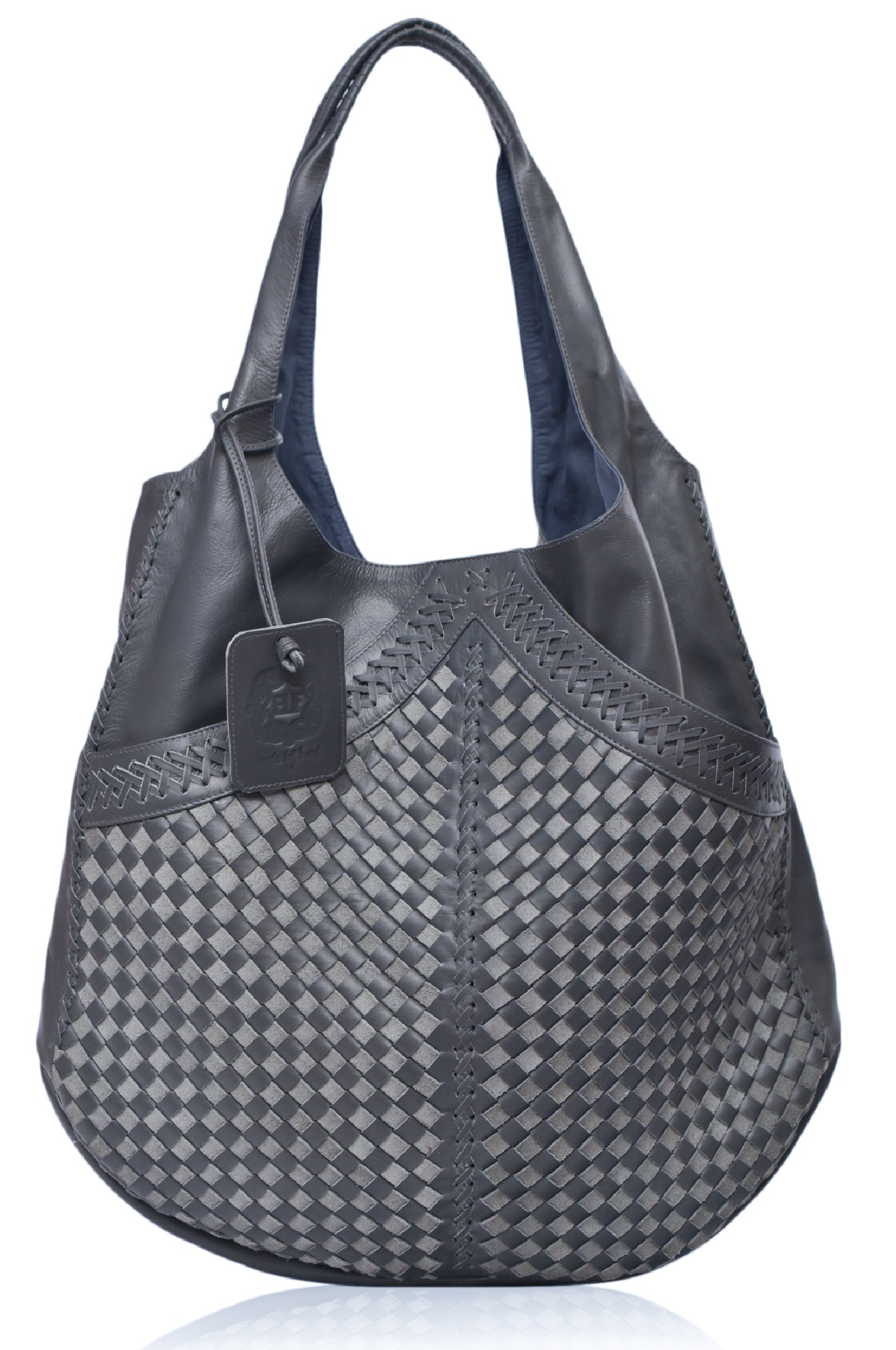 Gray woven handbag with a checkered pattern on a white background
