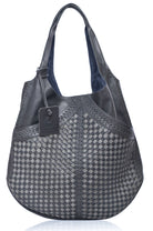 Gray woven handbag with a checkered pattern on a white background