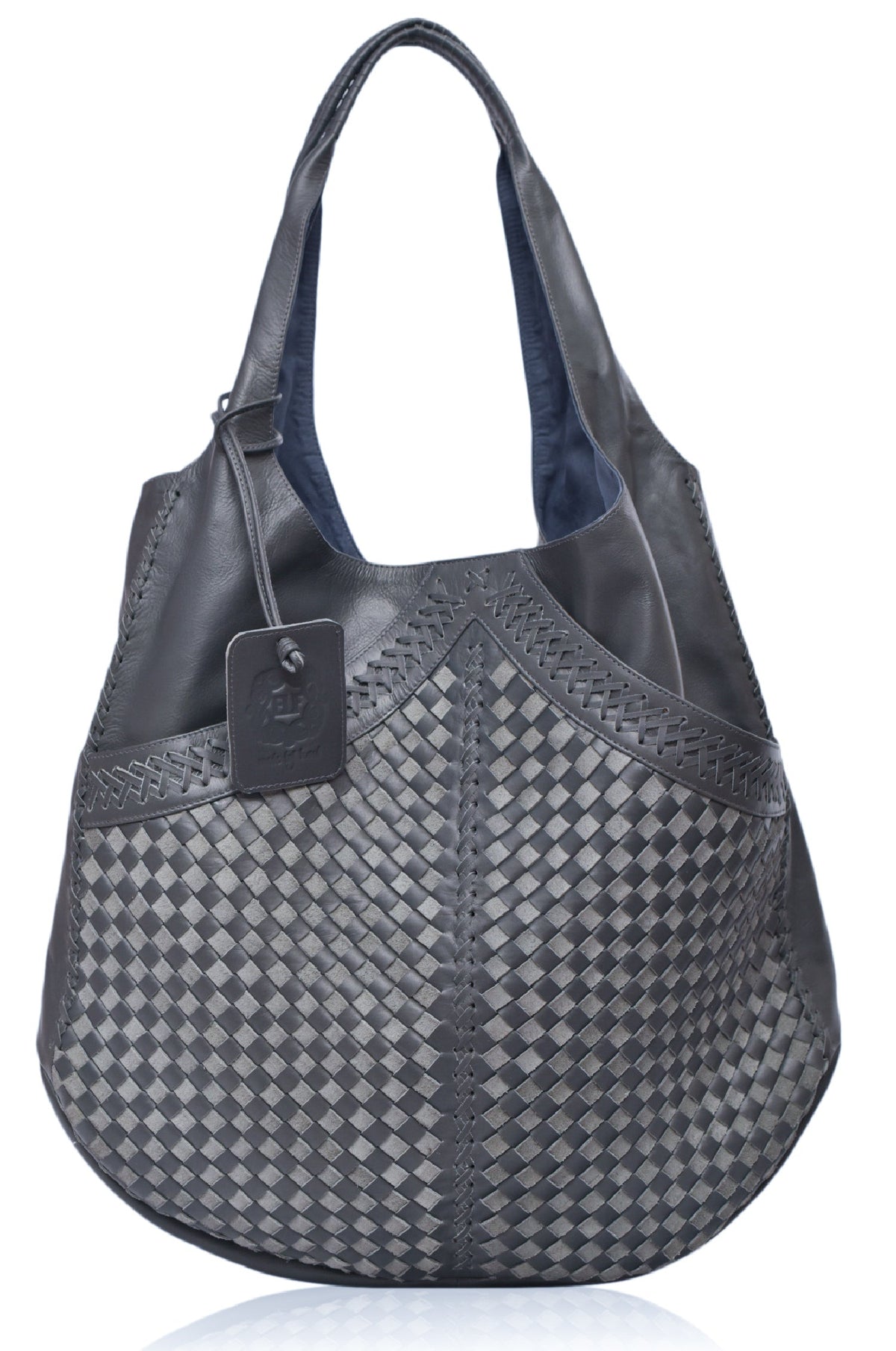 Gray woven handbag with a checkered pattern on a white background