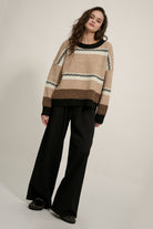 Geometric-Harmony-Round-Neck-Striped-Knit-Sweater-Cream-Taupe-Black-Avah