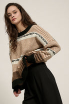 Geometric-Harmony-Round-Neck-Striped-Knit-Sweater-Cream-Taupe-Black-Avah