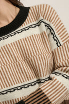 Geometric-Harmony-Round-Neck-Striped-Knit-Sweater-Cream-Taupe-Black-Avah