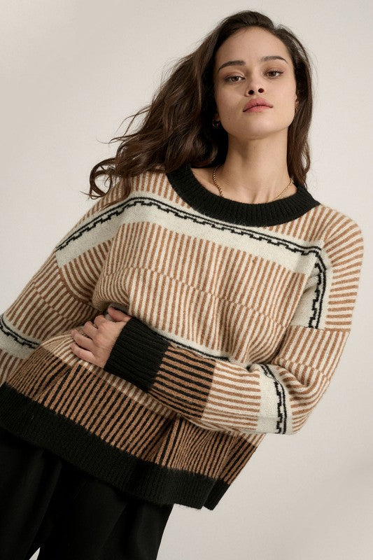 Geometric-Harmony-Round-Neck-Striped-Knit-Sweater-Cream-Taupe-Black-Avah