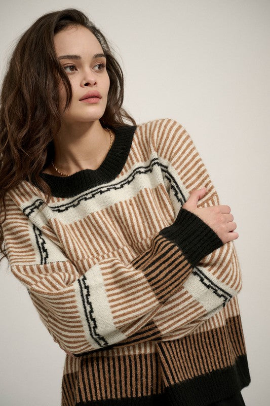 Geometric-Harmony-Round-Neck-Striped-Knit-Sweater-Cream-Taupe-Black-Avah