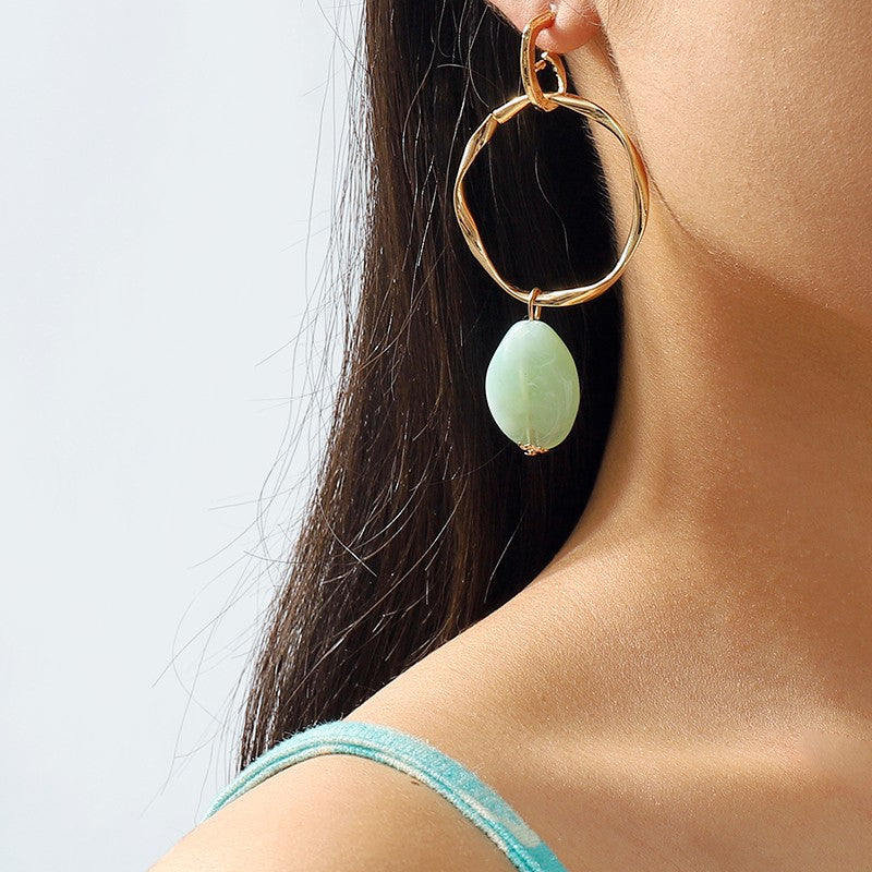 Gold-Hoop-with-Stone-Dangle-Earrings-Green-AVAH