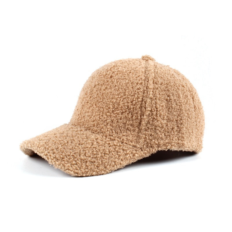 sherpa-texture baseball cap with adjustable fit in light camel