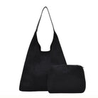 Black suede-look hobo bag with matching pouch on white background.
