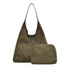 Olive suede-look hobo bag with matching pouch against white background.