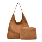 Camel suede-look hobo shoulder bag and pouch on white background.