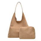 Fawn suede-look hobo shoulder bag with pouch on white background.