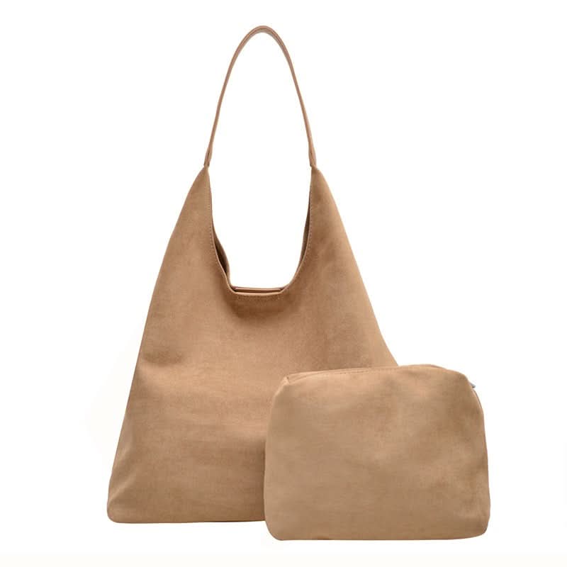 Fawn suede-look hobo shoulder bag with pouch on white background.