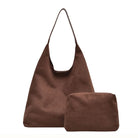 Mocha suede-look hobo bag and matching pouch on white background.