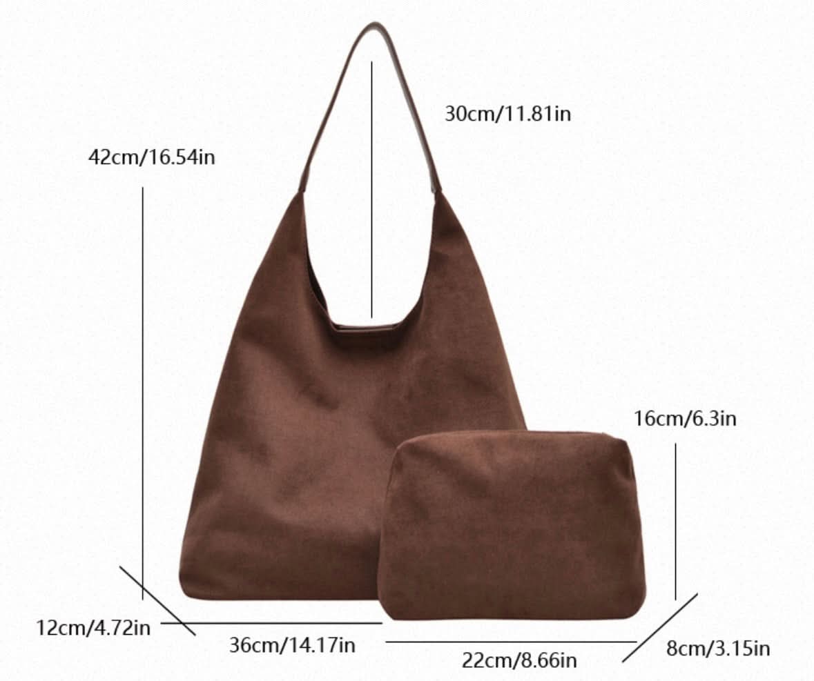 Mocha suede-look hobo bag and matching pouch with dimension labels on white background.
