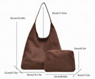 Mocha suede-look hobo bag and matching pouch with dimension labels on white background.