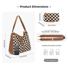 Checkered hobo bag, matching wristlet and strap dimensions on white background.