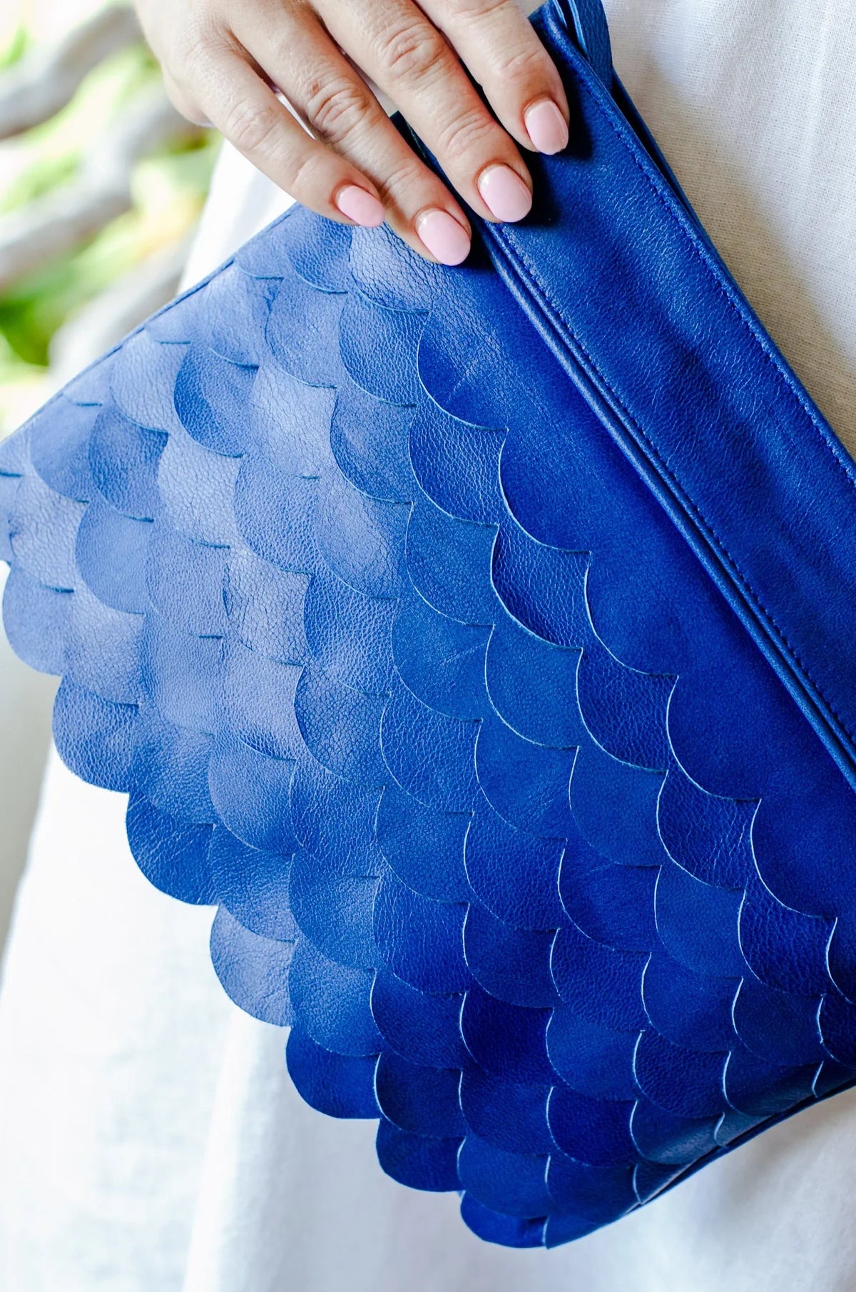 Cascade Leather Crossbody Clutch in royal blue genuine leather with scalloped detailing
