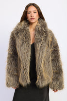 Montana Wild Faux Fur Coat in mixed brown, taupe and beige shaggy faux fur with oversized collar, front view.