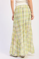 Back view of lime green plaid maxi skirt