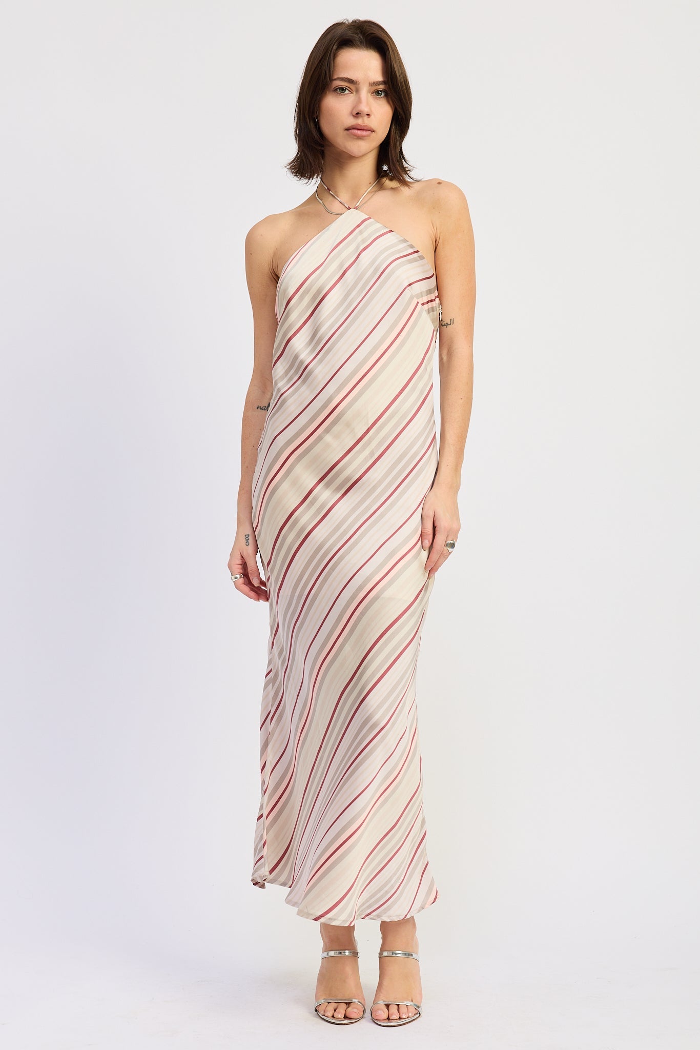 After Hours Striped Halter Maxi Dress in neutral and berry diagonal stripes, front view