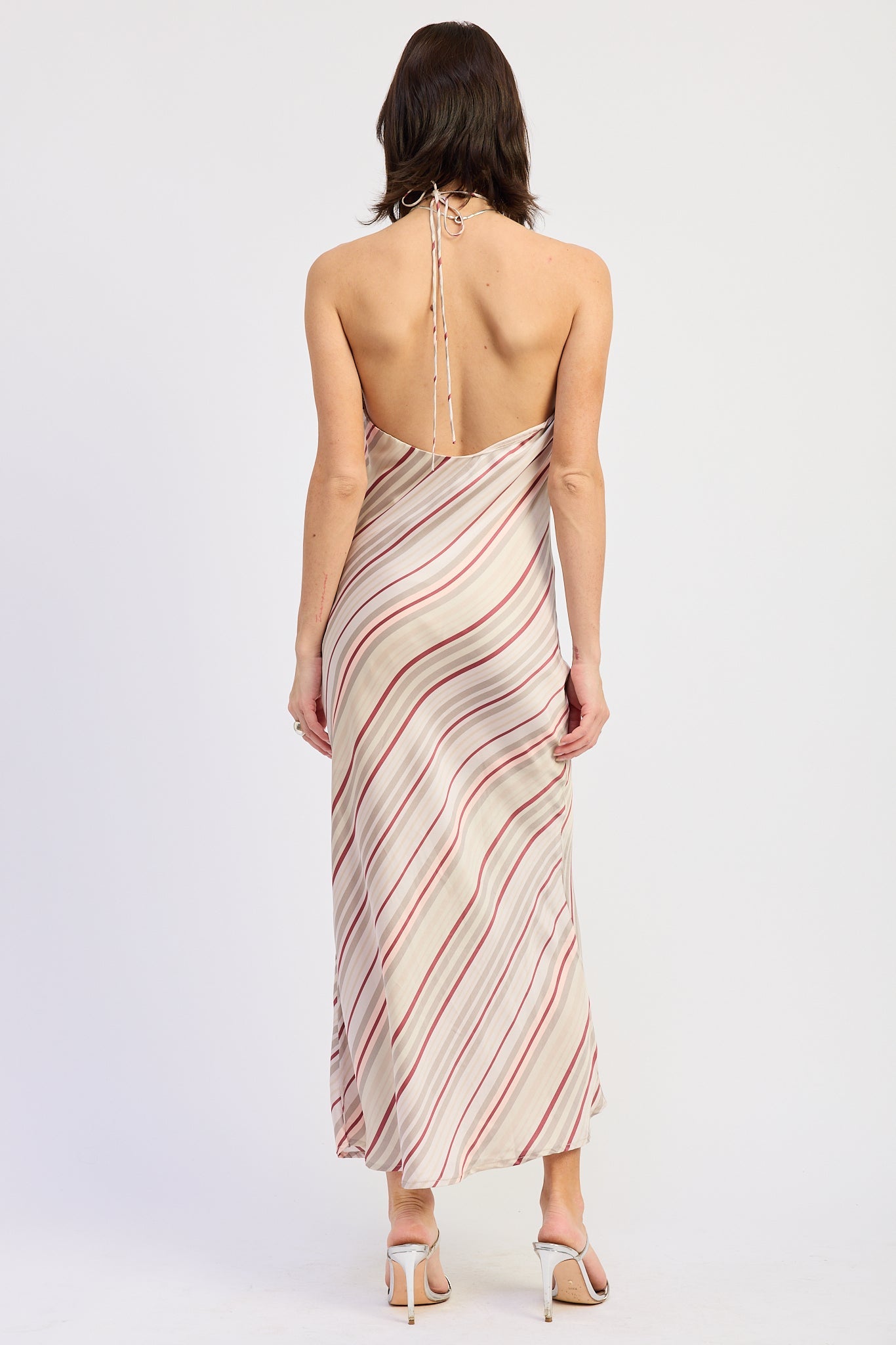 After Hours Striped Halter Maxi Dress showing open back and halter tie, back view