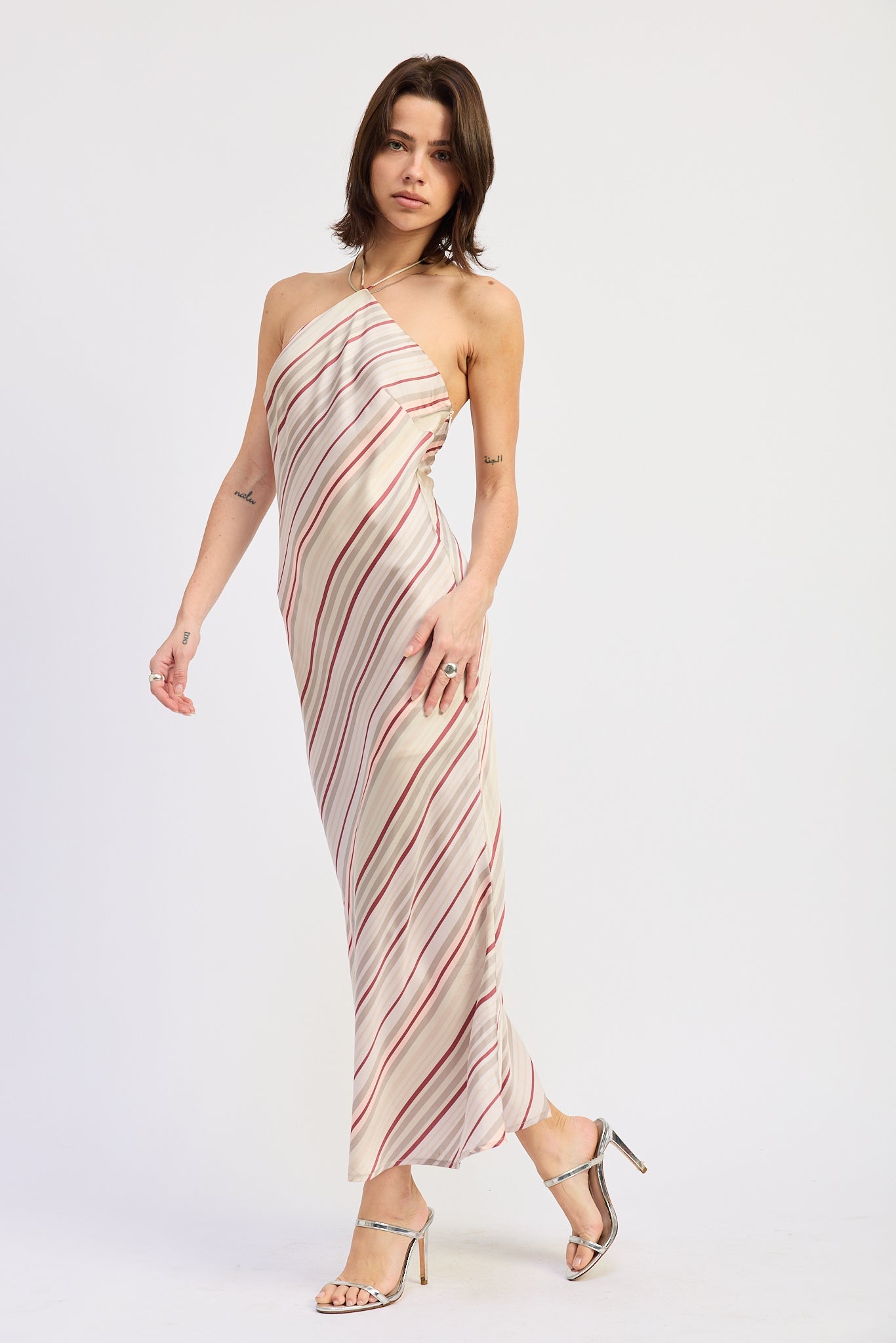 After Hours Striped Halter Maxi Dress in neutral and berry stripes, angled front view