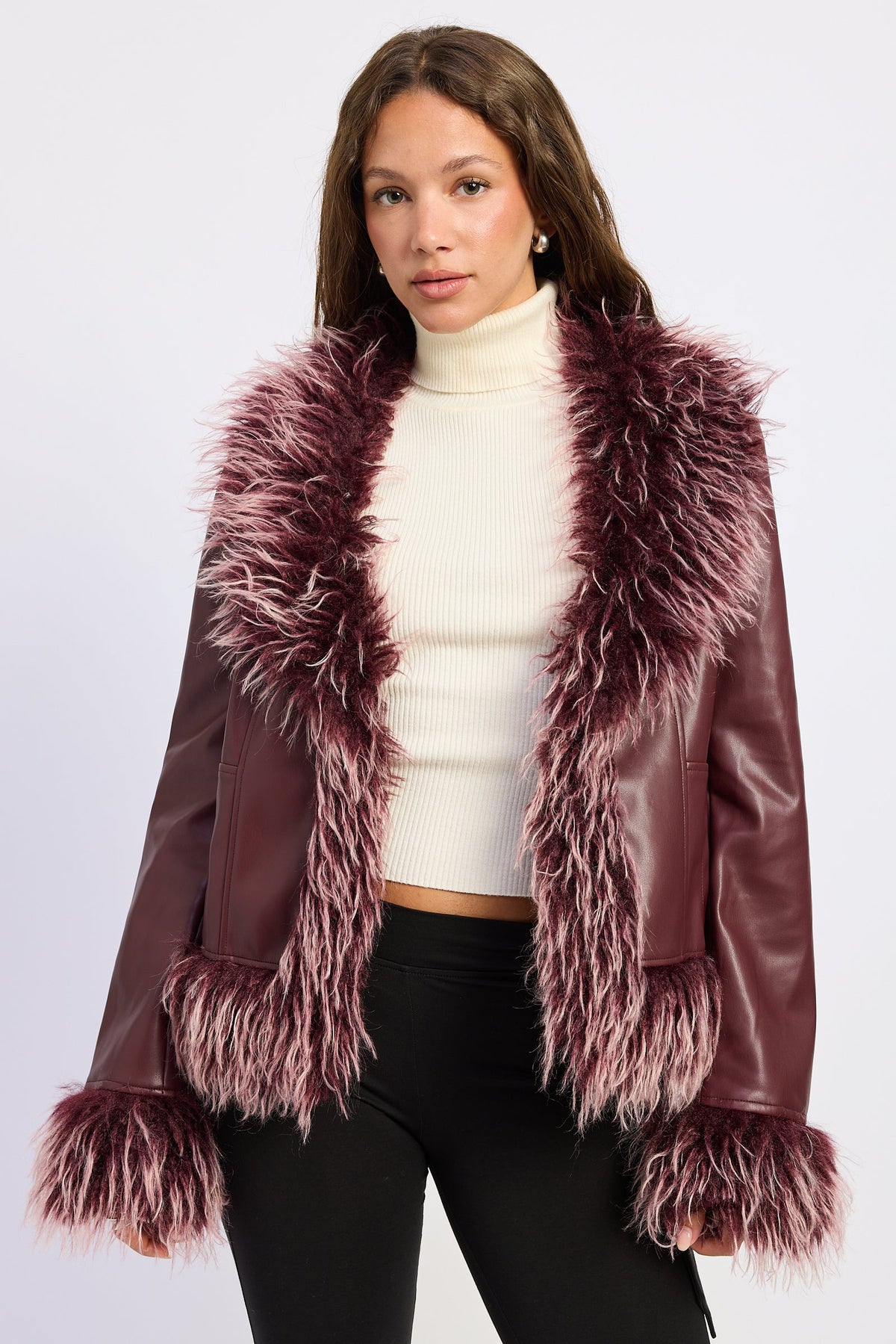 Burgundy faux leather jacket with oversized burgundy and pink shaggy faux fur collar, cuffs and hem, front view.