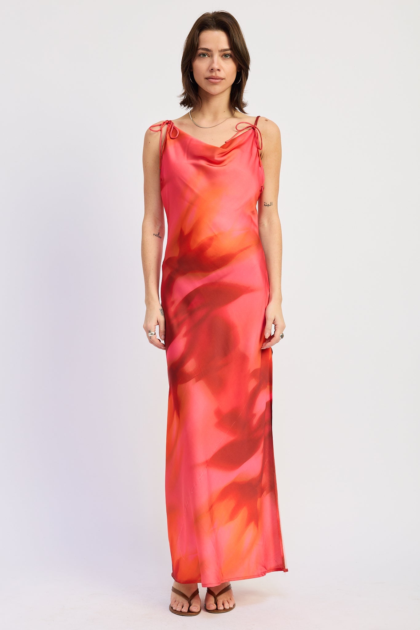 floral cowl neck maxi dress in coral, red and magenta with tie shoulder straps
