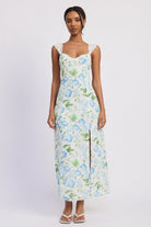 Something Blue Floral Chiffon Maxi Dress with lace trimmed straps and sweetheart neckline front view, AVAH
