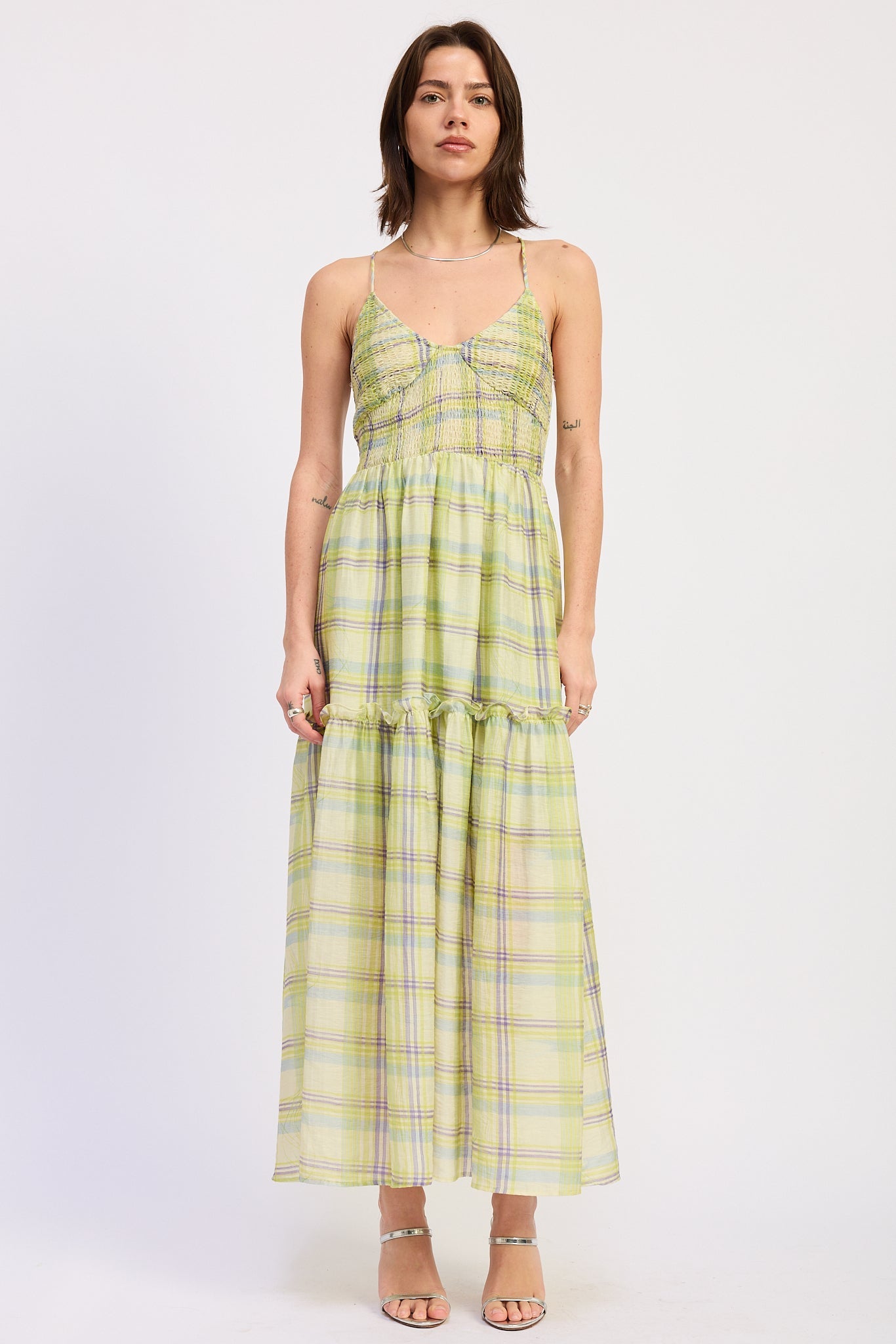 AVAH - Meadow Morning Plaid Maxi Dress in soft lime, butter yellow, and periwinkle plaid with smocked bodice, adjustable straps, cross back detail, and flowing tiered skirt.