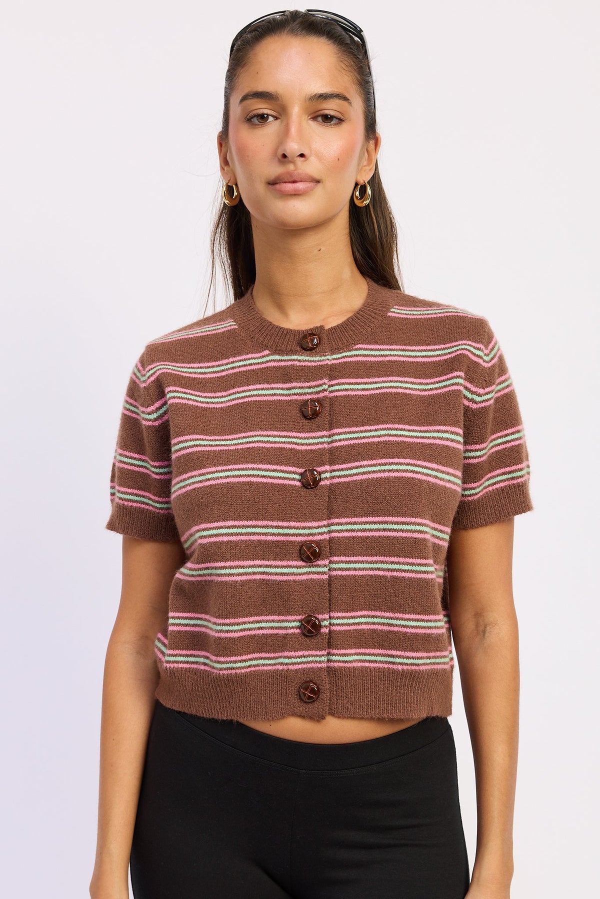 Varsity Lines striped short sleeve cardigan in Brown Combo with pink and green stripes and decorative button front.
