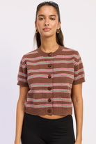 Varsity Lines striped short sleeve cardigan in Brown Combo with pink and green stripes and decorative button front.