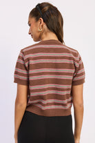 Back view of Varsity Lines short sleeve cardigan in Brown Combo showing horizontal pink and green stripes.