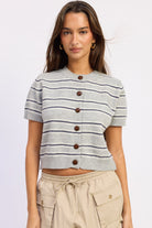 Varsity Lines striped short sleeve cardigan in Heather Grey Combo with navy and ivory stripes and decorative button front.