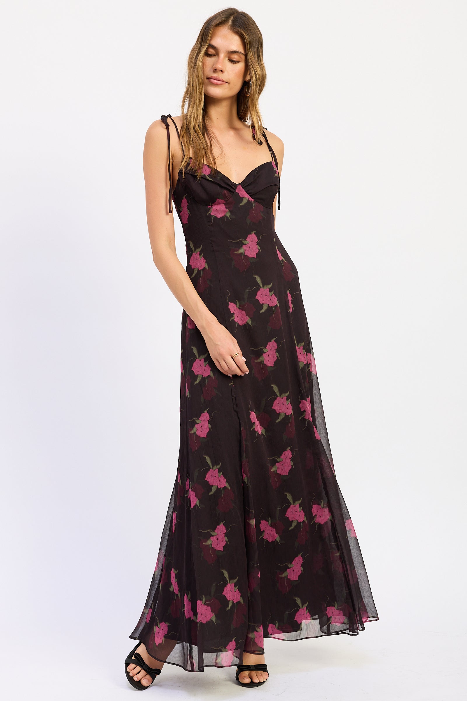 Alessandra Floral Maxi Dress with pink and burgundy flowers, fitted sweetheart bodice and sheer flowing hem, full length view.