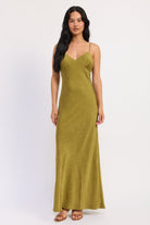 Sienna Satin Slip Dress in avocado green with V neckline, spaghetti straps and subtle textured satin finish.