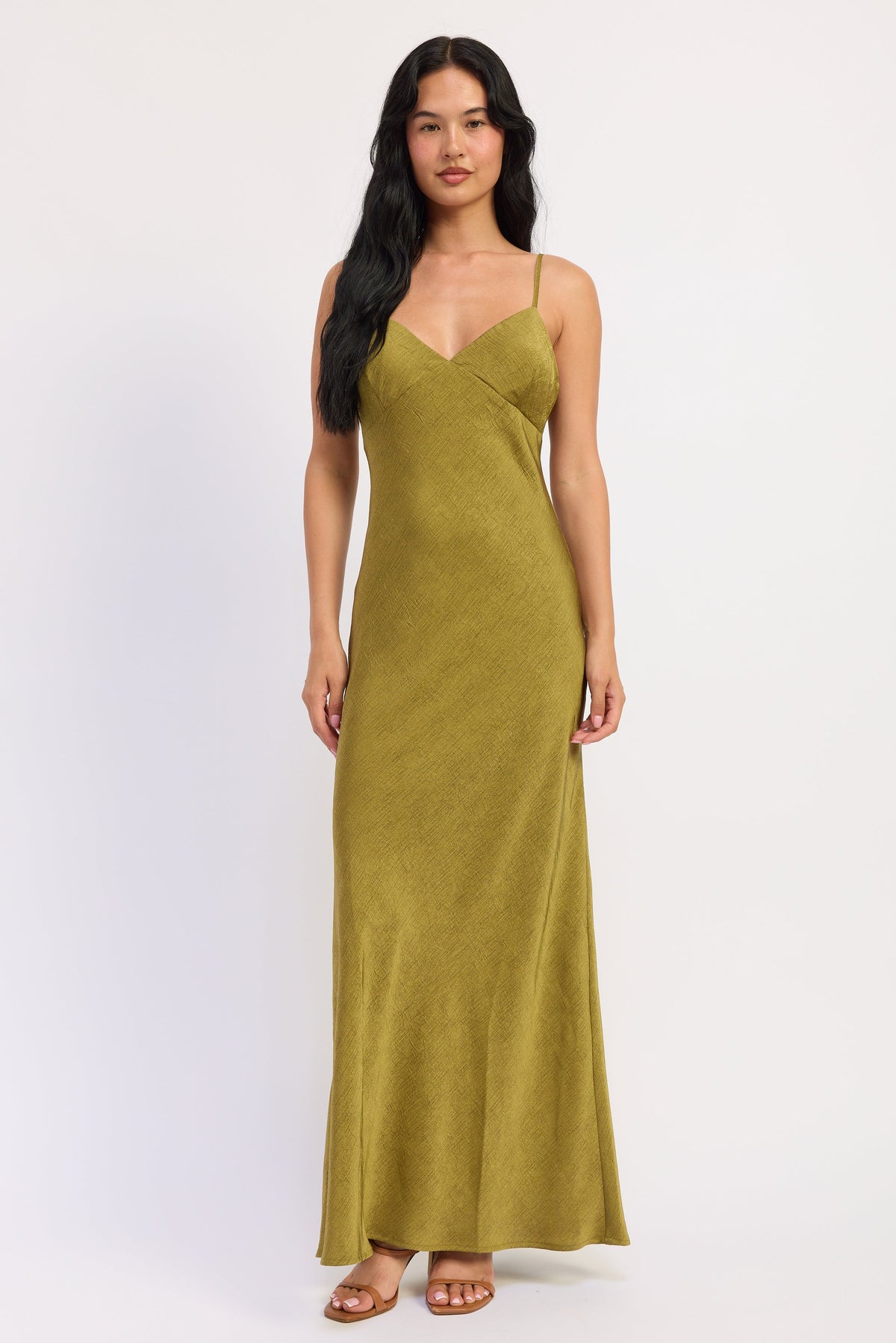 Sienna Satin Slip Dress in avocado green with V neckline, spaghetti straps and subtle textured satin finish.