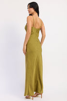 Back view of Sienna Satin Slip Dress in avocado green with adjustable straps and back zipper closure.