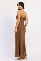 Back view of brown Sienna Satin Slip Dress with adjustable straps, zipper closure and long flowing silhouette.