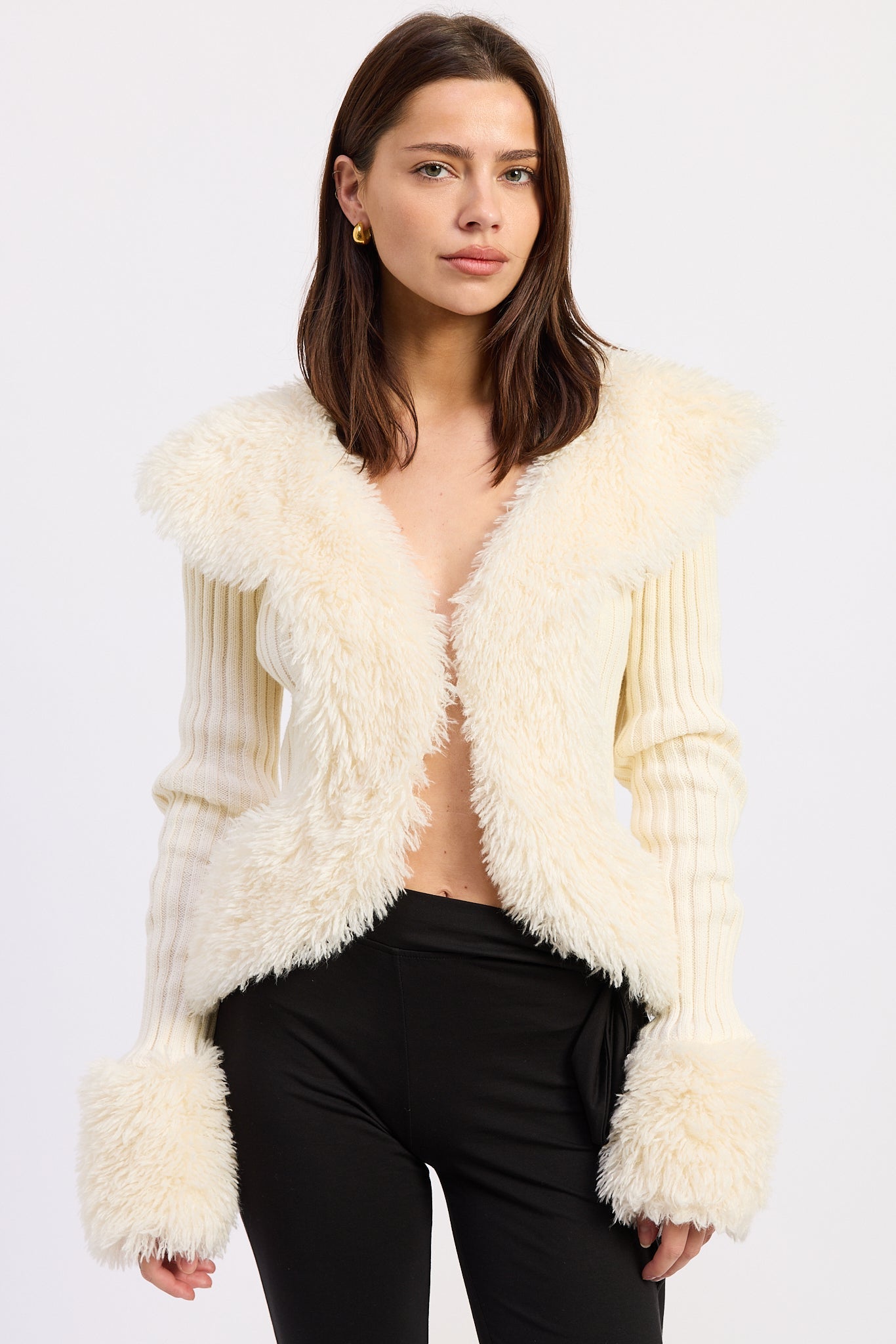 Aspen Faux Fur Trim Knit Cardigan in ivory with oversized faux fur collar, ribbed sleeves and plush cuffs, front view.