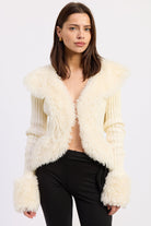 Aspen Faux Fur Trim Knit Cardigan in ivory with oversized faux fur collar, ribbed sleeves and plush cuffs, front view.