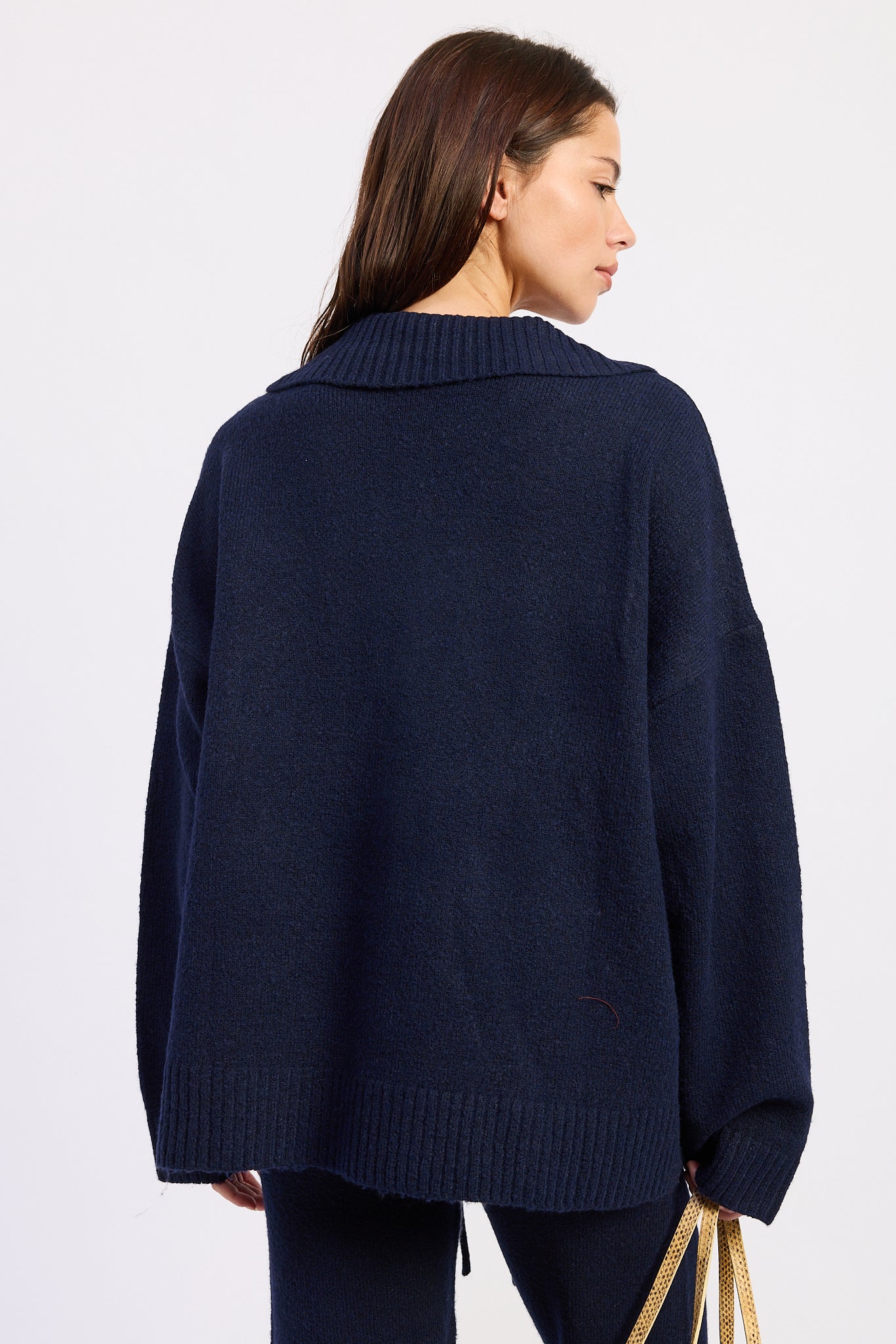 Back view of Harbor Lounge Navy Collared Sweater showing relaxed fit, wide collar and ribbed hem.