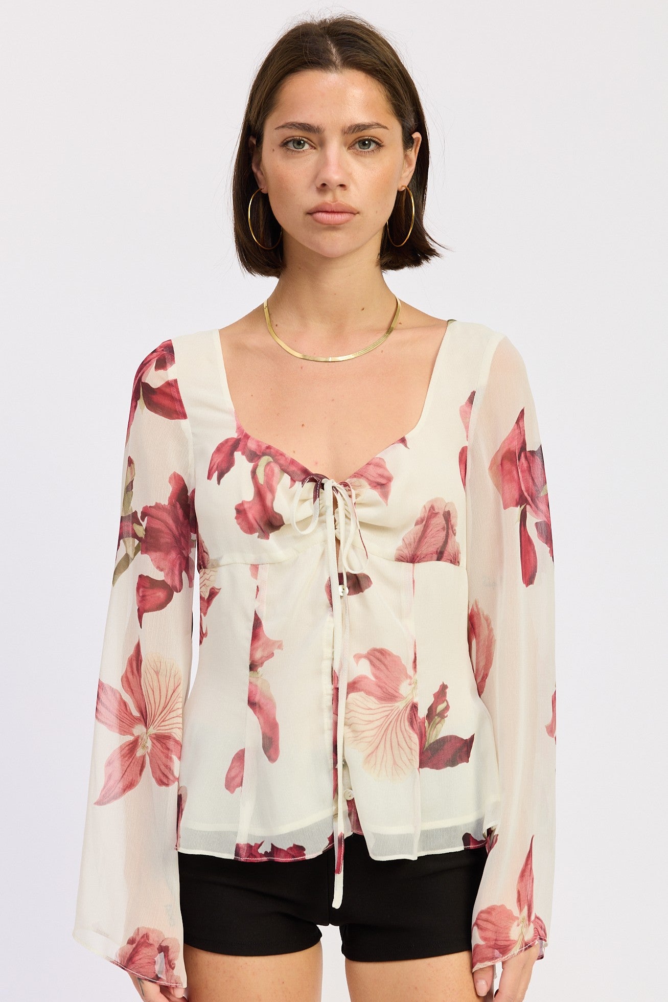 Ivory sheer floral tie front blouse front view