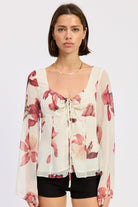 Ivory sheer floral tie front blouse front view